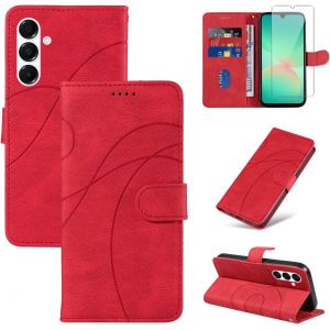 LORANKA-Coque pour Samsung Galaxy A26 5G avec 1 Pi&egrave;ce Protection &Eacute;cran en Verre Tremp&eacute;, Housse PU Cuir &agrave; Rabat Flip, &Eacute;tui Support et Portefeuille Fonction (Rouge) - Neuf