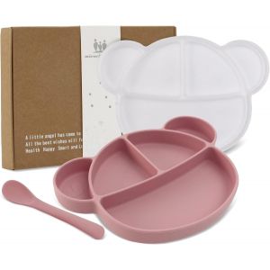 Kal-Assiette Silicone Avec Ventouse Pour Bébé Assiette Antiderapante Avec Couvercle Et Cuillère Assiette Enfant Fille Garçon Set Avec Boîte Cadeau, Sans Bpa Et Lave-Vaisselle (Rose) - Neuf