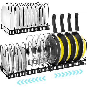 Jexnovashop-Support De Casserole Pour Tiroir Avec 14 S&eacute;parateurs R&eacute;glables, Organiseur De Casseroles, Extensible Parfait Pour Les Ustensiles De Cuisine, Po&ecirc;les, Casseroles Et Couvercles, Noir - Neuf