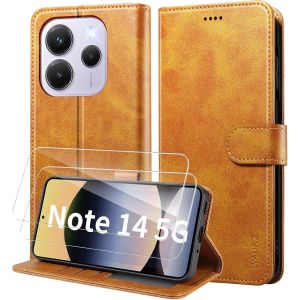 Kal-Coque Pour Xiaomi Redmi Note 14 5g (Pas Pour 4g), Etui Coque Avec 2 Verre Trempé Porte Carte Clapet À Rabat Portefeuille Cuir Case Housse Protection Cover Étui Pour Redmi Note 14 5g,Jaune - Neuf
