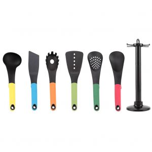 Hjlian Lot De 7 Ustensiles De Cuisine Antiadhesifs En Nylon Multicolore Avec Support Rotatif - Neuf
