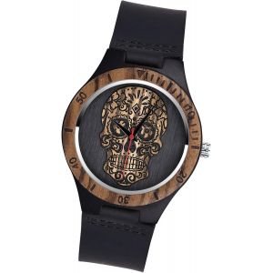 Bnhgc-Montre À Quartz En Bois De Bambou, Montre En Bois Naturel Pour Homme Et Femme, Montre En Bois Avec Motif De Crâne, Bracelet En Cuir De Vache, Cadran En Bois De Bambou Carbonisé - Neuf