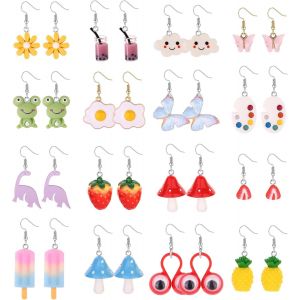 Senior-16 Paires Mignonnes Boucles D'oreilles Pour Femmes Filles Résine Crochet Esthétiques Étranges Kawaii Champignon Fra Poisson Fleur Papillon Balancent Boucles D'oreilles[L741] - Neuf