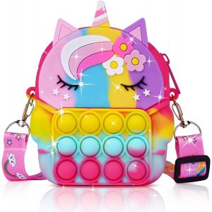 KAL-Pop Sac À Bandoulière Fille, 2 En 1 Licorne Sac Pop Fidget Toy, Push Bubble Jouets Petit Sac À Main En Silicone, Longueur De Bandoulière Réglable, Cadeaux Pour Filles Enfant(Orange) - Neuf