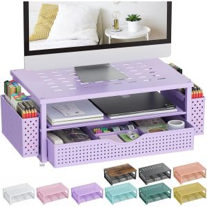 Support de moniteur avec tiroir et porte-stylo, organiseurs de bureau et accessoires, rehausseur de moniteur à 2 niveaux, décoration de bureau rose pour femme (rose) - Neuf