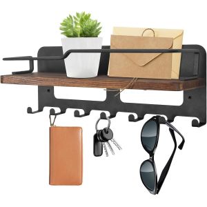 Cauc-Porte Clef Mural Avec 7 Crochets, Porte-Clés Porte Courrier En Bois, Accroche Clef Support Clef Avec Étagère Pour Entrées, Couloirs, Salon, Cuisine (Noir) - Neuf