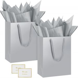 2 Pièces Sac Cadeau, 12.59"" Papier Emballage Cadeau Anniversaire, Vertical Pochette Cadeau Ggrand Format Enfant 32 * 25 * 13cm Avec 2 Cartes 2 Mouchoirs Pour Fête D'anniversaire, Mariage Gris - Neuf