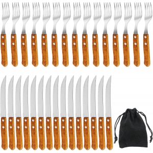 KALANKA-Lot de 30 couverts à steak en acier inoxydable, 15 couteaux et 15 fourchettes, pour 15 personnes, ne passe pas au lave-vaisselle (marron) - Neuf