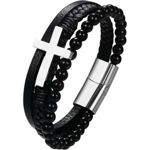 Kal-Bracelet Perles En Cuir Tress&eacute; : Bracelet Croix Multicouche Avec Fermeture Magn&eacute;tique Pour Homme Bracelet Religieux Pri&egrave;res Promesse - Neuf