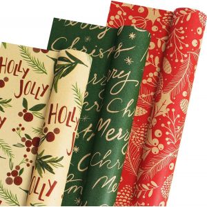 Lot De 3 Rouleaux De Papier Cadeau De Noël, Marron, Vert Et Rouge, Papier Cadeau De Noël, Rouleau De Papier Cadeau Pour Noël, Nouvel An, Vacances D'hiver, 43 Cm X 300 Cm Par Rouleau - Neuf
