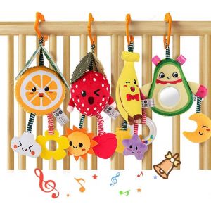 TDRFL-Jouet Hochet Bebe 0 2 3 4 6 8 9 12 Mois,Jeux Poussette D Eveil Bébé 0-6 Mois Avec Le Miroir La Voix,Peluche Fruits Jouets D'Éveil Cadeau Pour Naissance Nouveau Né Garçons Et Filles (4Pcs) - Neuf