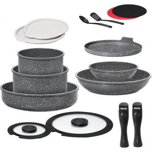 Jexnovashop-Batterie De Cuisine 16 Pi&egrave;ces Induction, Lot De Casseroles Et Po&ecirc;les Avec Poign&eacute;es Amovibles, Empilable, Rev&ecirc;tement Antiadh&eacute;sif En C&eacute;ramique Sans Pfas, Avec Cr&ecirc;piere Et Sauteuse, Gris - Neuf