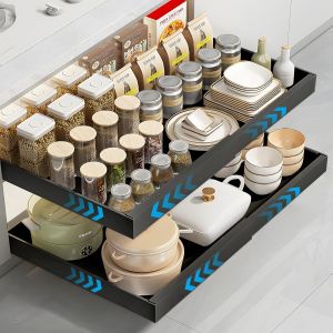 Chaas-Tiroir Coulissant Cuisine, Rangement Coulissant Placard Cuisine, Bac Coulissant Placard Cuisine, Coulisse Tiroir Cuisine Sans Per&ccedil;age, Largeur R&eacute;glable De 32 &Agrave; 53 Cm, Noir - Neuf