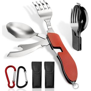 Kalanka-Lot De 2 Couverts De Camping Pliables En Acier Inoxydable 4 En 1 Avec Poignée En Aluminium Knurled (Couteau, Fourchette, Cuillère, Décapsuleur, Etc.) - Neuf