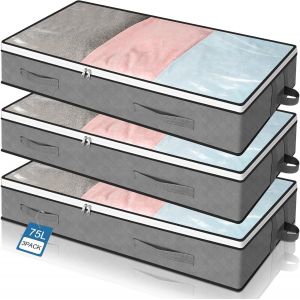 Mevronisshop-Lot De 3 Bacs De Rangement Sous Le Lit 75l,Tiroir Sous Lit, Poignées Renforcées, Fenêtre Transparente, Organisateurs De Placards Pour Serviettes, Vêtements, Couvertures, 100x50x15cm - Neuf