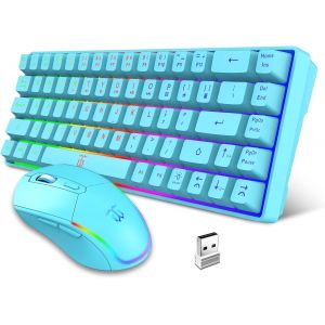 Ensemble clavier souris 60 % sans fil, &eacute;clairage LED, batterie rechargeable de 2000 mAh, petite mini 60 % sans fil, design ergonomique, souris 6D 3200 DPI (bleu) - Neuf