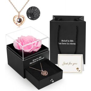 Rose Eternelle Avec Bijoux, Fleur Eternelle Coffret Rose &Eacute;ternelle Avec I Love You Collier, Idee Cadeau Femme, Cadeaux Pour Femme Pour Anniversaires, Noel, Saint Valentin, Fete Des Meres - Neuf
