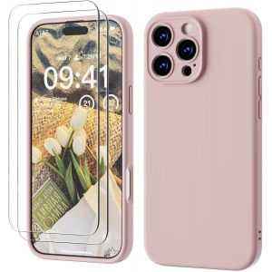 3 en 1 iPhone 16 Pro Max Coque Silicone Liquide 6.9""- avec 2 Verre Tremp&eacute; - &Eacute;tui Protection Pr&eacute;cise de Cam&eacute;ra [R&eacute;sistant aux Rayures] [Antid&eacute;rapant] iPhone 16 Pro Max Case, Rose - Neuf
