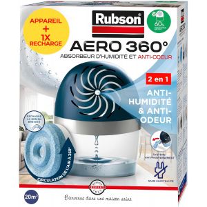 Rubson - Absorbeur d'Humidit&eacute; Aero 360 pour pi&egrave;ces de 20 m&sup2; &ndash; D&eacute;shumidificateur d'air anti-odeurs et anti-moisissures &ndash; 1 recharge neutre de 450 g incluse - Neuf