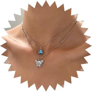 Kal-Collier Papillon Boho Collier Pendentif Goutte En Cristal Bleu Collier Pendentif Papillon En Cz Collier Chaine Diamant Collier Goutte En Diamant Bijoux Pour Femmes Filles - Neuf