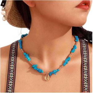 Kal-Boho Turquoise Bead Choker Collier Vintage Cowrie Shell Pendentif Collier Bleu Turquoise Collier Choker Single Shell Choker Collier Bijoux Pour Femmes Et Filles - Neuf
