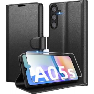 KAL-Coque Pour Samsung Galaxy A05S + 1 Verre Trempé Protection Écran,[Housse Premium En Cuir Pu][Fentes Pour Cartes][Pochette De Portefeuille],Etui À Rabat Pour Samsung A05S - Noir - Neuf