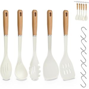 Eryi-Ustensiles De Cuisine Silicone, 10 Pièces Set Ustensile Cuisine Fabriqué En Silicone Et Manche Bois, Résistants 250°C, Pour Frire Sauter Mijoter, Avec 5 Crochets, Protège Poêles Antiadhésives - Neuf