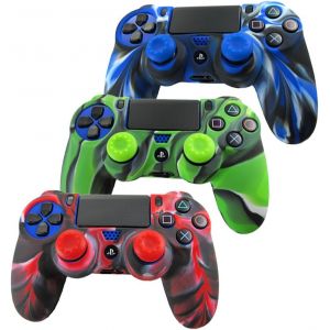 La Peau De Skin Cover Pour Manette De Ps4 X 3 + Thumbstick Thumb Grip X 6 (Camouflage Rouge Vert Bleu) - Neuf