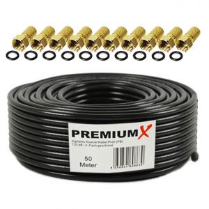 Professional Coaxial Cables 50 m - Black Satellite Cable | Pure Copper | 4 Way Shielded Antenna Cable | Includes 10 F Connectors - Supports 8K, 4K and 3D for Sat, Cable, DVB-T - Neuf