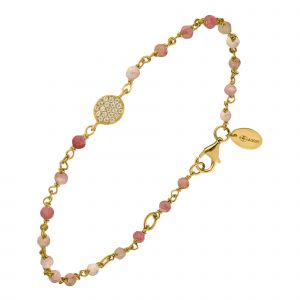 Bracelet Argent Dor&eacute; M&eacute;daillon Serti Blanc Et Pierres Quartz Rose Fraise - Neuf