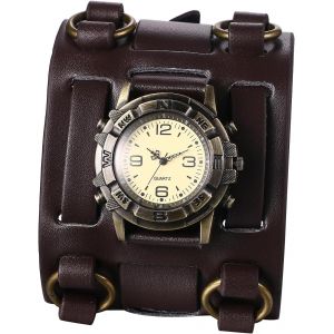 Eryi-Montre Homme Cuir Crâne Montre Homme Avec Chiffre,Bracelet Cuir Large Avec Cadran Tête De Mort Noir Gothique Punk Biker Montre Poignet De Force Analogique Quartz - Cadeau Halloween - Neuf
