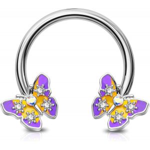Boucles D'oreilles Créoles En Forme De Fer À Cheval En Acier Chirurgical 316l Avec Papillon 16g Violet/Jaune[H2228] - Neuf
