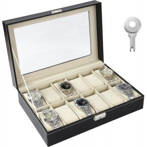Kal-Boîte À Montres À 12 Emplacements, Coffret À Montres,Boîte De Montre Avec Couvercle En Verre, En Velours, Adapté Pour Stocker Des Montres, Des Bijoux, Etc, Les Meilleurs Cadeaux Pour Hommes - Neuf