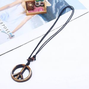 Collier Vintage Retro En Resine Avec Pendentif Symbole De Paix Et Corde Ciree Pour Homme - Neuf