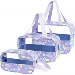 Trousse de Toilette Transparente 3 Pièces, Trousse de Toilette Voyage Étanche en PVC pour Femme, Sac Cosmétique Transparent Imprimé Multifonctionnel avec Poignée et Fermeture Éclair (Violet) - Neuf