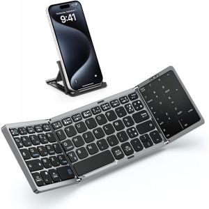 Clavier Bluetooth Pliable, Portable Clavier sans Fil avec Pavé Tactile et Pavé Numérique, Mini Clavier Rechargeable Portatif pour Windows iOS Android Tablette/Smartphone/PC, Disposition FR - Neuf