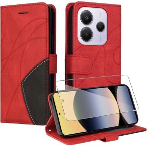 Trahoo-Coque Pour Xiaomi Redmi Note 14 5g¿Pas Pour 4g¿ Avec 1 Pièces Protection Écran En Verre Trempé, Couleur Combinaison Pu Cuir Flip Portefeuille Housse Étui Pour Xiaomi Redmi Note 14 5g - Rouge - Neuf