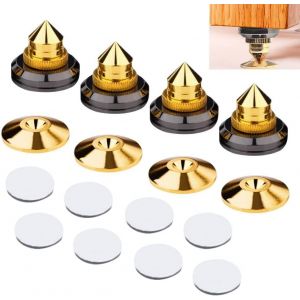 4 Pi&egrave;ces Pointes de Haut-Parleur Dor&eacute;es - Embouts de Caisson de Basses, Spike Pointe de Decouplage Enceinte avec 4 Patins de Base et 8 Autocollants pour Lecteur CD DVD - Neuf