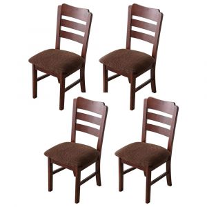 Lot de 4 housses de chaise de salle &agrave; manger &eacute;lastiques en jacquard - Couleur caf&eacute;, amovibles et r&eacute;sistantes &agrave; l'eau, compatibles avec des coussins de 35 &agrave; 48 cm - Neuf