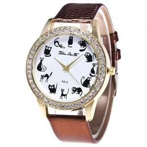 Zhoulianfa Femmes Tendance Chat Motif Analogique Affichage Quartz Mouvement Montre-Bracelet (Caf&eacute;) - Neuf