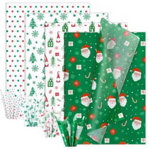 Papier Cadeau Noël, 60 Feuilles Papier de Soie Rouge et Vert Classique, Papier de Soie Emballage Flocons de Neige du Père Noël pour Festivals Nouvelle Année Christmas Anniversaire, 50x35 cm - Neuf