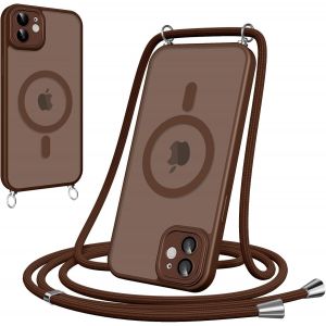 Maa-Coque Magnétique Pour Iphone 11 Avec Cordon, [Compatible Avec Magsafe] Etui Translucide Mat Arrière Anti-Jaunissement Antichoc Réglable Téléphone Portable Lanyard Case Protection, Brun - Neuf