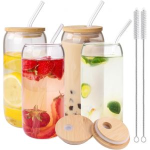 Lot De 4 Verres &Agrave; Boire Avec Couvercles En Bambou Et Paille En Verre, 500 Ml, Tasses &Agrave; Caf&eacute; Glac&eacute;, Tasses En Verre Avec Couvercles, Pailles Et Brosse, Verres &Agrave; Boire Pour Bi&egrave;re, Cocktail, Th&eacute;, - Neuf