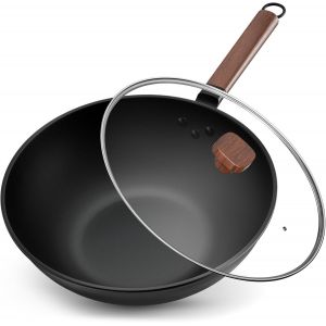 Jexnovashop-33 Cm/5,6l Wok En Acier Au Carbone Avec Couvercle - Sans Rev&ecirc;tement Chimique - Cuisiner Des Plats Asiatiques Pour 4-6 Personnes - Convient &Agrave; Induction/Electrique/Gas - Neuf