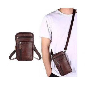 Sac banane en cuir v&eacute;ritable pour homme, pochette pour t&eacute;l&eacute;phone, couleur caf&eacute;, 21 x 13 cm - Neuf