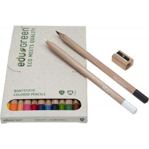 Eryi-Edugreen® Lot De 15,12 Crayons De Couleur, 2 Crayons (Graphite, Blanc) Avec Mine De Qualité Dans Une Boîte En Carton D'herbe, Vernis Soluble Dans L'eau, Film Gaufré Biodégradable - Neuf
