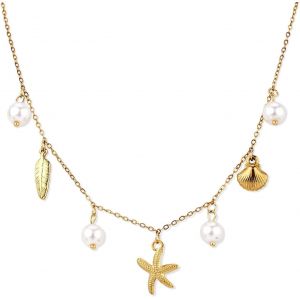 Kal-Collier De Charme En Or Pour Femme, Délicat Pendentif Etoile De Mer En Perle, Collier Joli Coquillage En Or 14k, Collier Ras De Cou À Breloques Boho, Bijoux D'été Plage Surfeur - Neuf