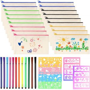 Maa-18 Pièces Diy Pochette Tissu Zippée Trousse Avec 18 Crayons Aquarelle Et 12 Gabarits, 12 X 21cm Trousse Personnalisable, Vierge Toile Trousse De Rangement, Anniversaire Trousse Enfant - Neuf