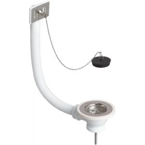 JGD-30723126 Bonde pour &eacute;vier de cuisine 1 bac &Oslash;60 mm avec bouchon et trop-plein ext&eacute;rieur, blanc - Neuf