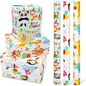3 Rouleaux De Papier D'emballage Animal 17 Pouces X 10 Pieds, Papier D'emballage Cadeau De Joyeux Anniversaire Pour Enfants, Garçon Et Fille, Emballage Cadeau D'anniversaire - Neuf